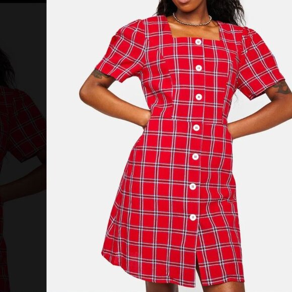 NWT Square Neckline Red Retro Vintage Plaid 100%cotton Mini Dress. - Picture 1 of 9